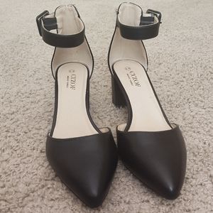 CUZOF Block Low Heel Pumps Pointed Toe Ankle Buckle Strap Heels,Size 8.5, Black